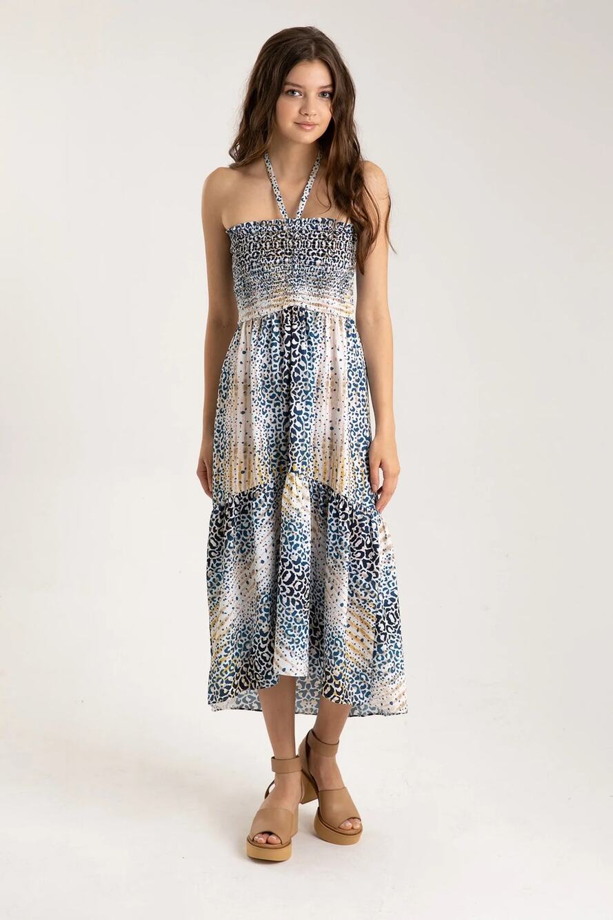 Hale Bob Elbise Strapless Halter Smocked Leopard Animal Print Midi Dress Size XS